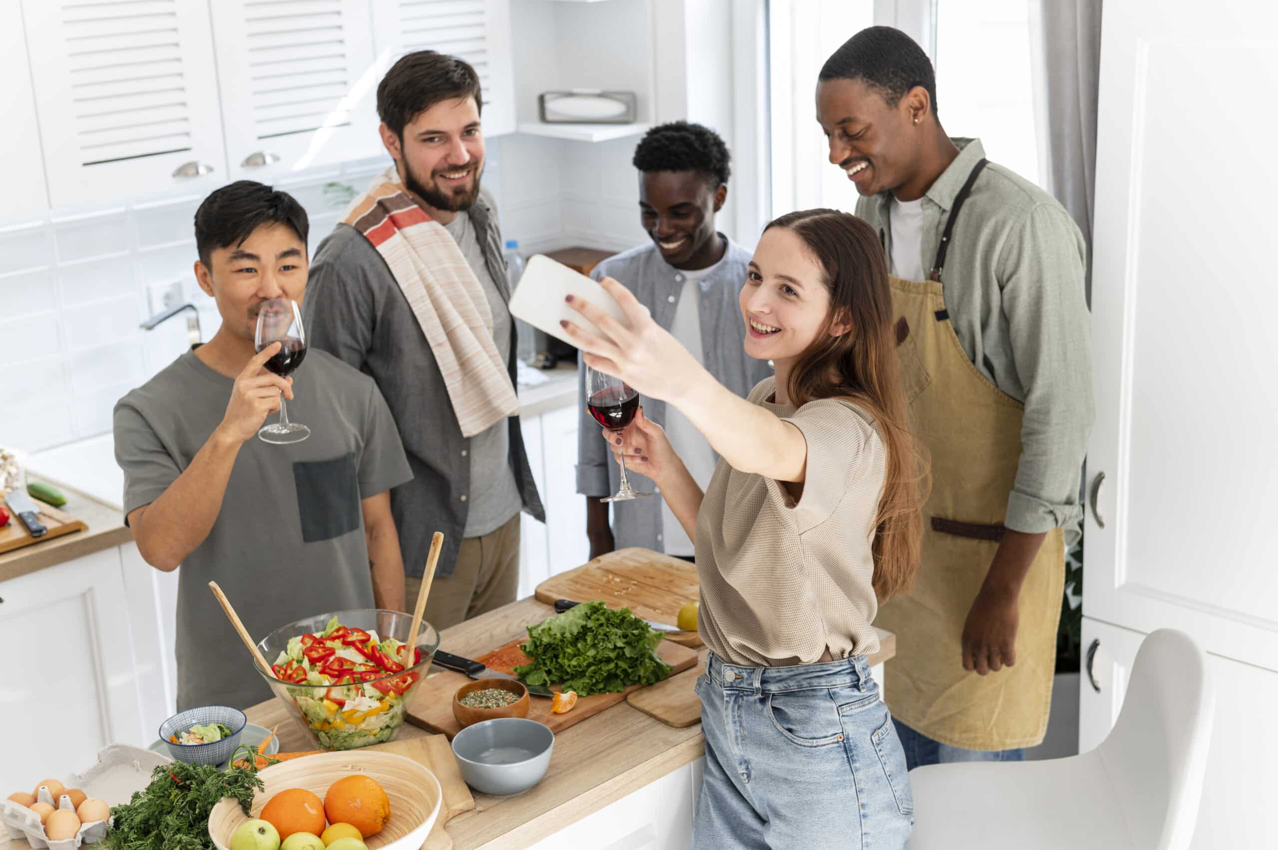 Jeunes de diverses ethnies qui mangent ensemble dans la cuisine et prennent un selfie