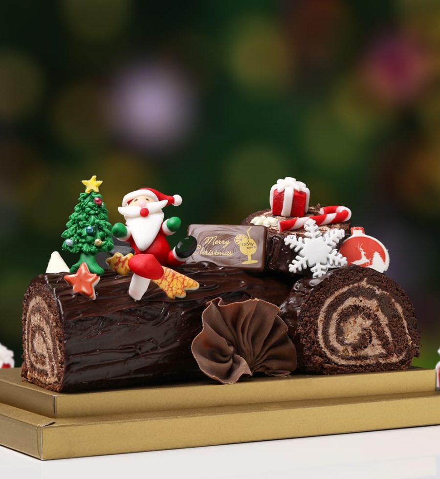 traditional French bûche de Noël. A beautifully plated festive dish like seafood platters or a traditional French bûche de Noël.